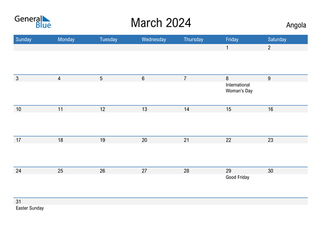 March 2024 Calendar with Angola Holidays
