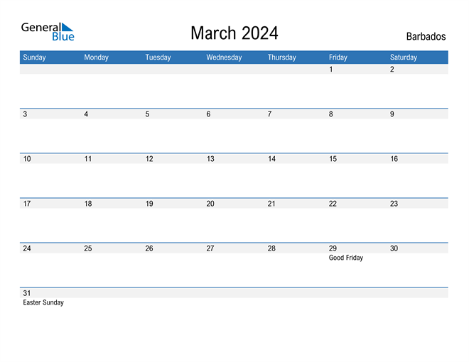 March 2024 Calendar with Barbados Holidays