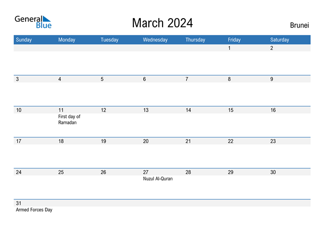 March 2024 Calendar with Brunei Holidays