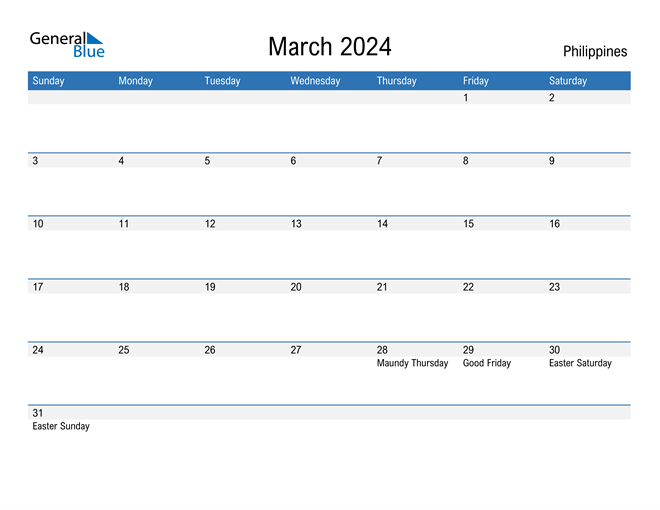March 2024 Calendar With Holidays Philippines Calendar 2024