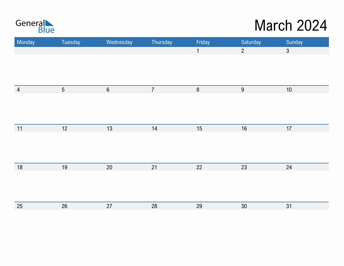 Editable Calendar Template for March 2024