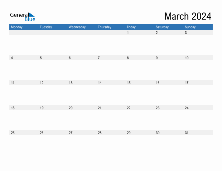 Fillable Calendar for March 2024