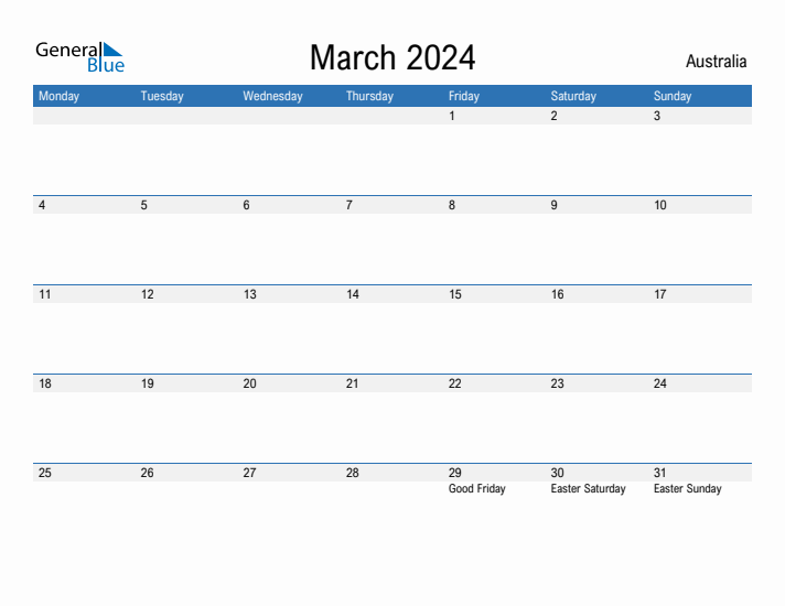 March 2024 Australia Monthly Calendar with Holidays
