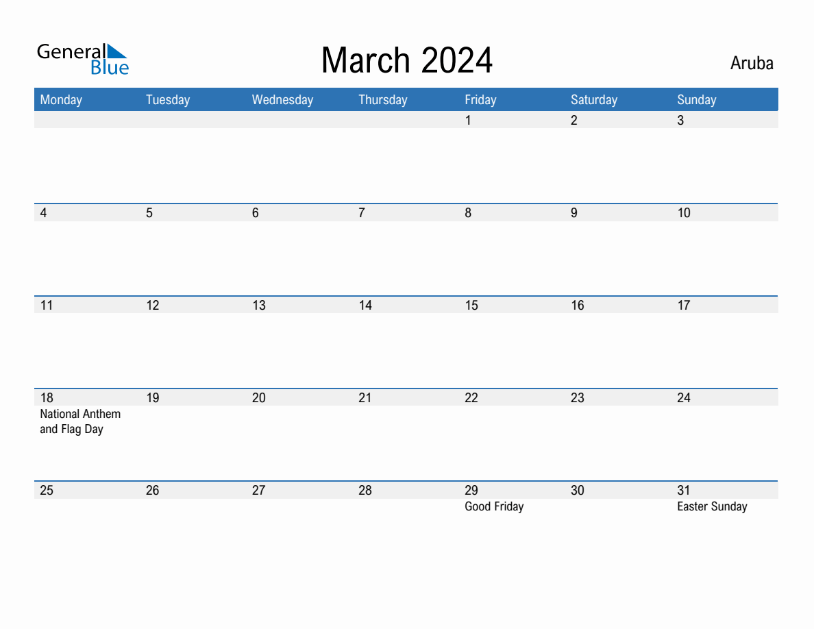 Editable March 2024 Calendar with Aruba Holidays