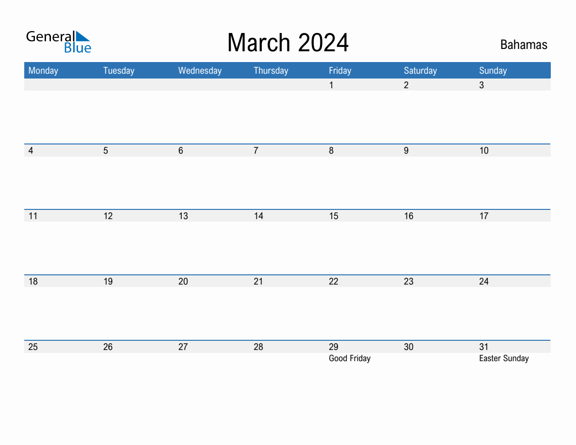 Editable March 2024 Calendar with Bahamas Holidays