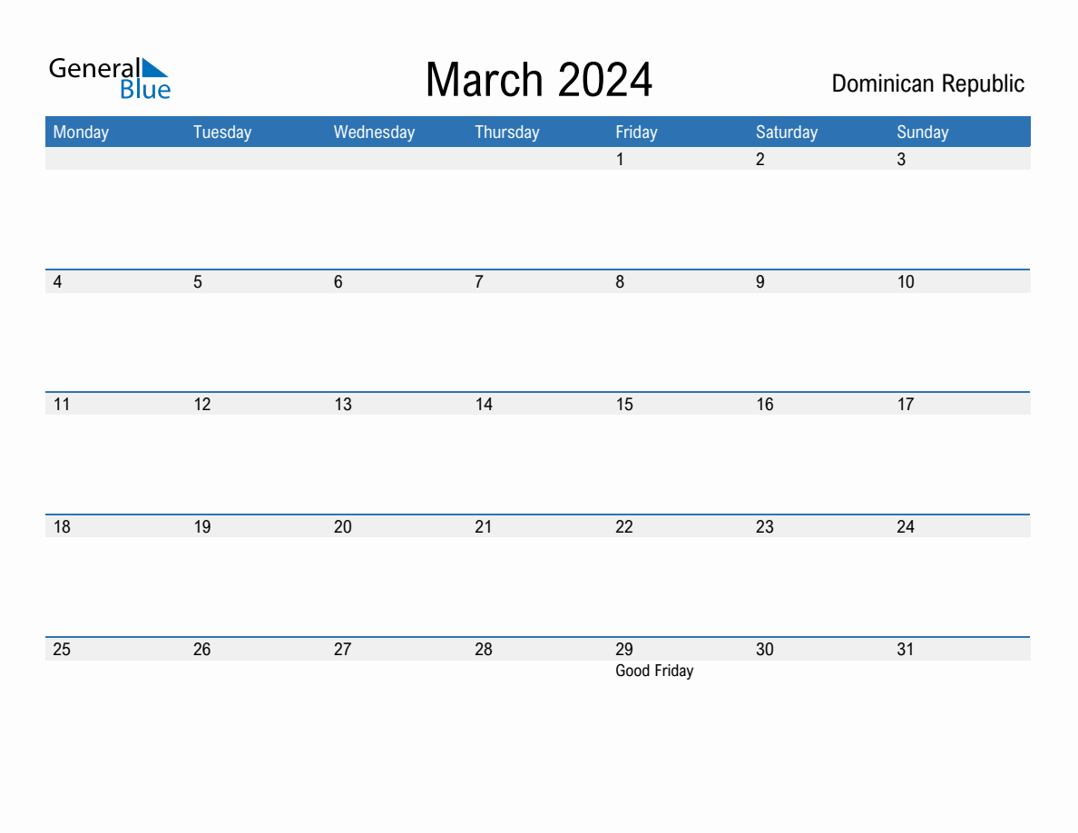 Editable March 2024 Calendar with Dominican Republic Holidays
