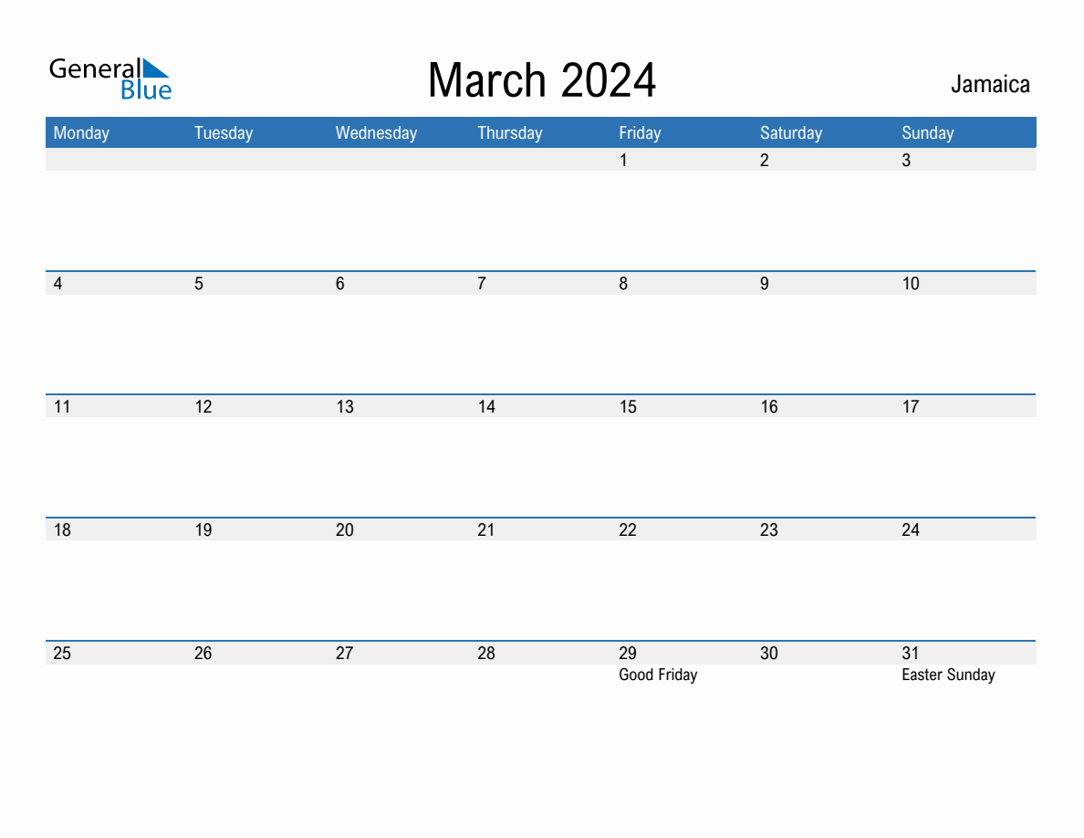 Editable March 2024 Calendar with Jamaica Holidays