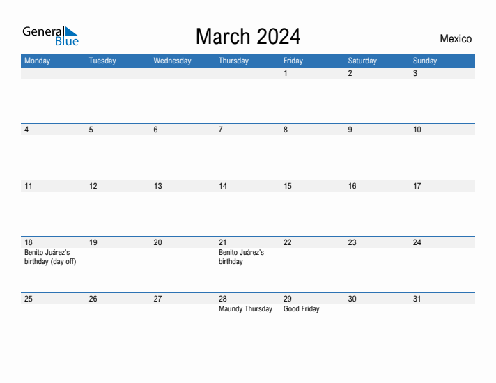March 2024 Mexico Monthly Calendar with Holidays