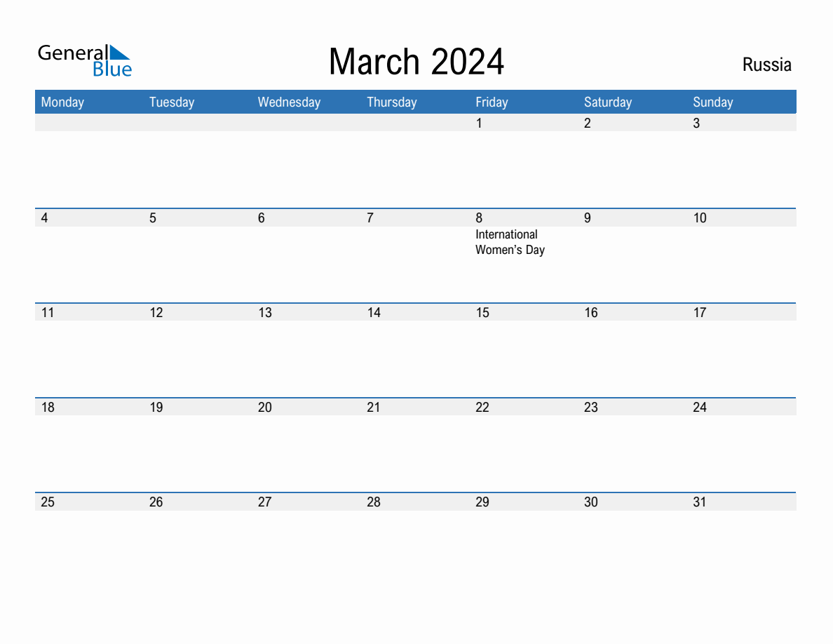 Editable March 2024 Calendar with Russia Holidays