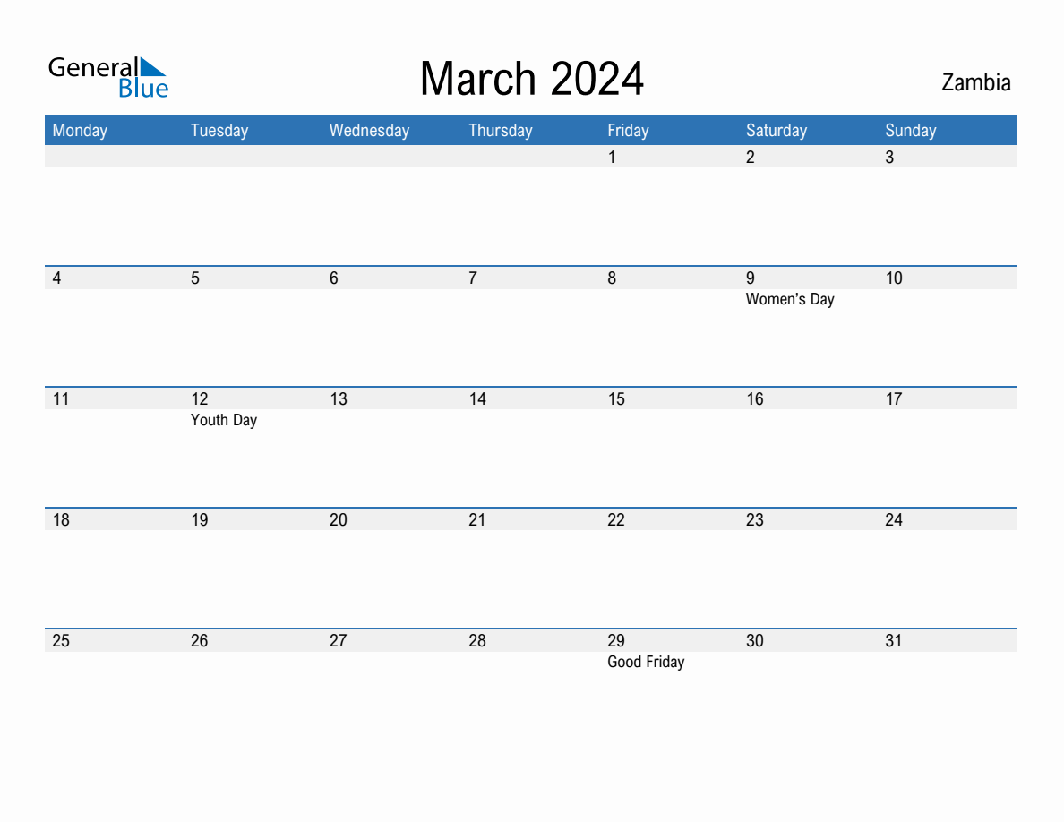 Editable March 2024 Calendar with Zambia Holidays