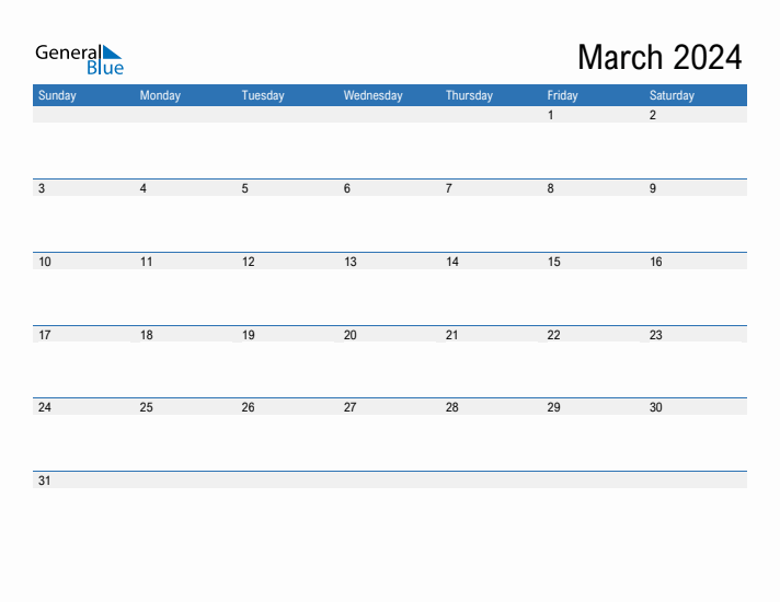 Fillable Calendar for March 2024