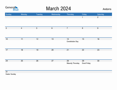 Current month calendar with Andorra holidays for March 2024
