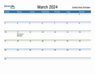 Current month calendar with United Arab Emirates holidays for March 2024