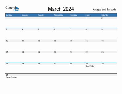 Current month calendar with Antigua and Barbuda holidays for March 2024