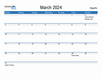 Current month calendar with Anguilla holidays for March 2024