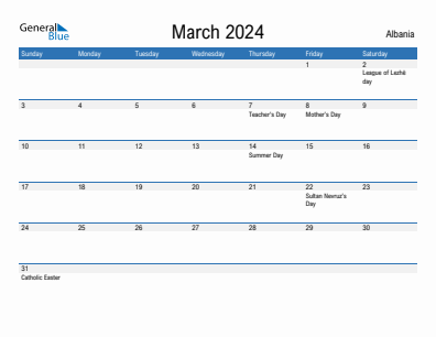 Current month calendar with Albania holidays for March 2024