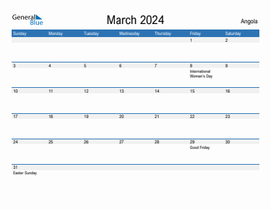 Current month calendar with Angola holidays for March 2024