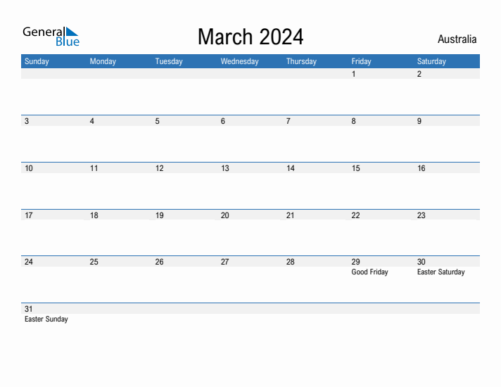 March 2024 Monthly Calendar with Australia Holidays