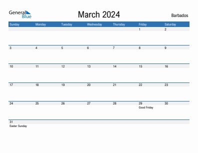 Current month calendar with Barbados holidays for March 2024