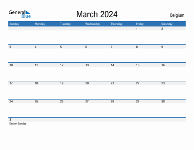 Current month calendar with Belgium holidays for March 2024