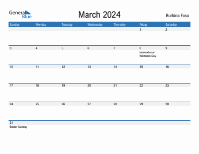 Current month calendar with Burkina Faso holidays for March 2024