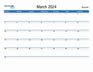 Current month calendar with Burundi holidays for March 2024