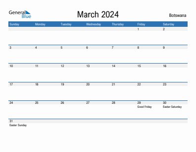Current month calendar with Botswana holidays for March 2024