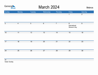 Current month calendar with Belarus holidays for March 2024