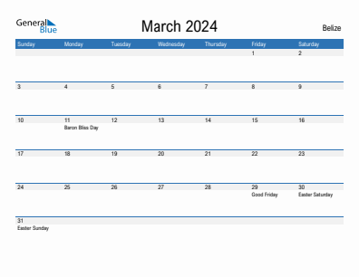 Current month calendar with Belize holidays for March 2024