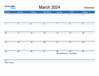 Current month calendar with Switzerland holidays for March 2024