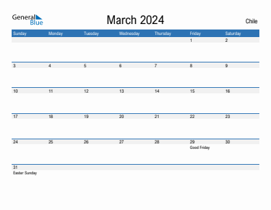 Current month calendar with Chile holidays for March 2024