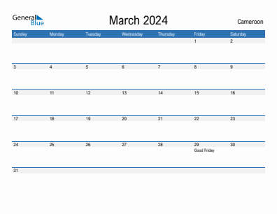 Current month calendar with Cameroon holidays for March 2024