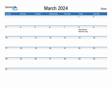 Current month calendar with China holidays for March 2024