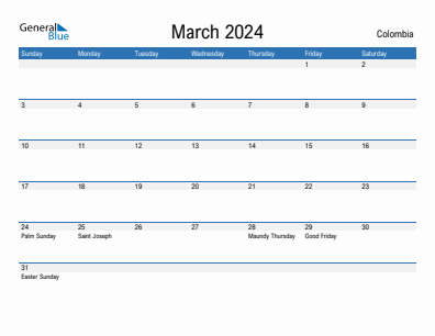 Current month calendar with Colombia holidays for March 2024