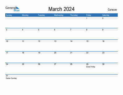 Current month calendar with Curacao holidays for March 2024