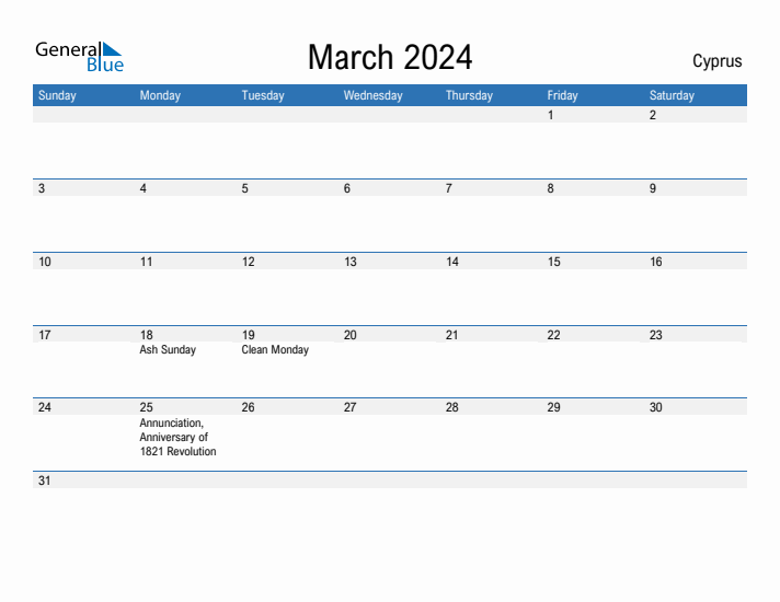 Editable March 2024 Calendar with Cyprus Holidays