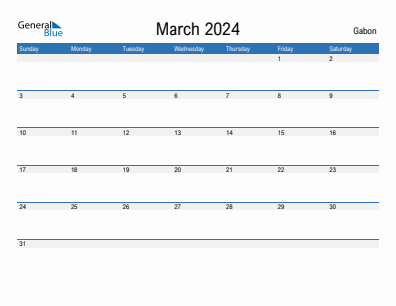 Current month calendar with Gabon holidays for March 2024