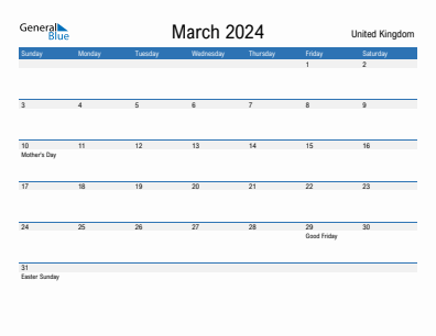 Current month calendar with United Kingdom holidays for March 2024