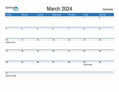Current month calendar with Guernsey holidays for March 2024