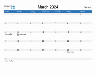 Current month calendar with Gibraltar holidays for March 2024