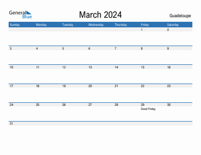 Current month calendar with Guadeloupe holidays for March 2024