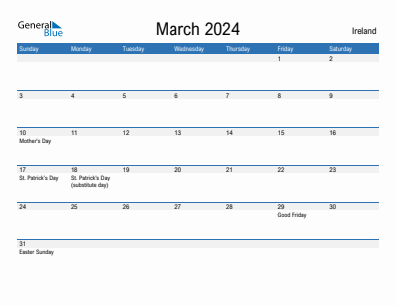 Current month calendar with Ireland holidays for March 2024