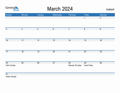 Current month calendar with Iceland holidays for March 2024