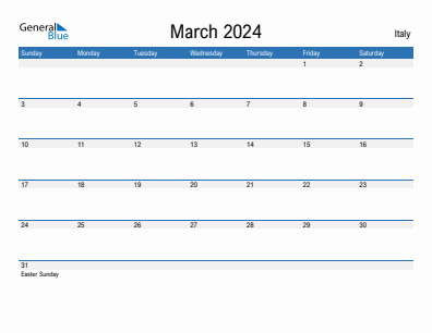 Current month calendar with Italy holidays for March 2024
