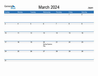 Current month calendar with Japan holidays for March 2024