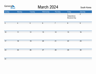 Current month calendar with South Korea holidays for March 2024