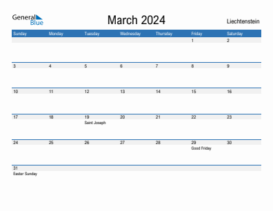 Current month calendar with Liechtenstein holidays for March 2024