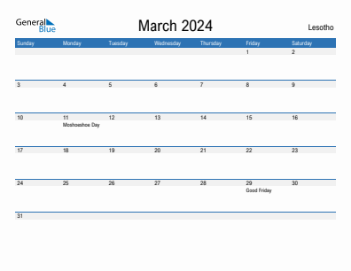 Current month calendar with Lesotho holidays for March 2024