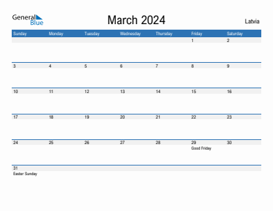 Current month calendar with Latvia holidays for March 2024