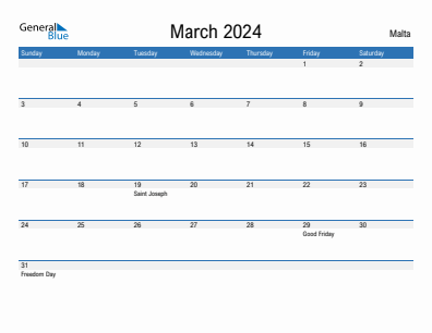 Current month calendar with Malta holidays for March 2024